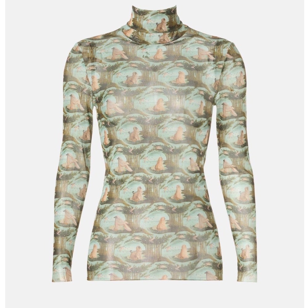 Rachel Antonoff Birth of Poodle Mesh Turtleneck Top Blue Green Art Print M e5